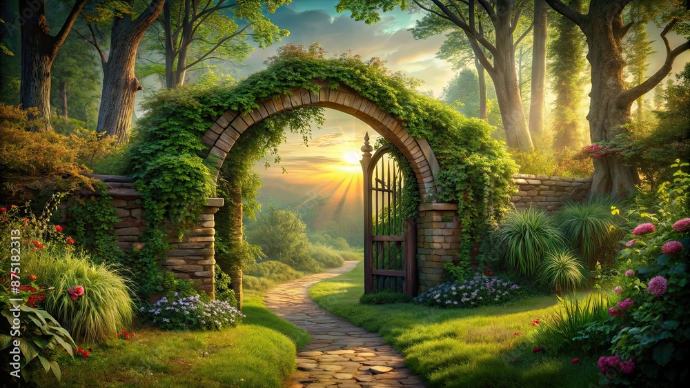 Obraz premium Enchanted gateway leading to a beautiful natural landscape , Portal, nature, splendor, forest, mystical