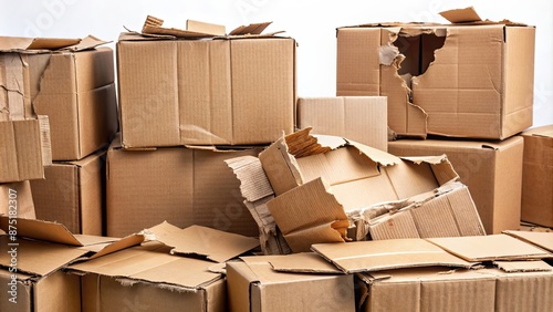 Damaged cardboard boxes with torn edges and dents , delivery, shipping, damaged, parcels, shipment, broken, cardboard photo