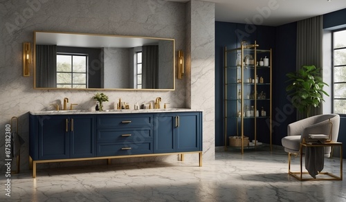 Modern bathroom with navy blue vanity and gold accents