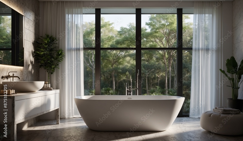 Bright bathroom featuring nature views and minimal decor. Bright bathroom featuring nature views and minimal decor.