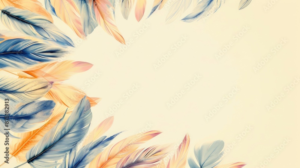 Fototapeta premium Feather round composition on light yellow background Summer design