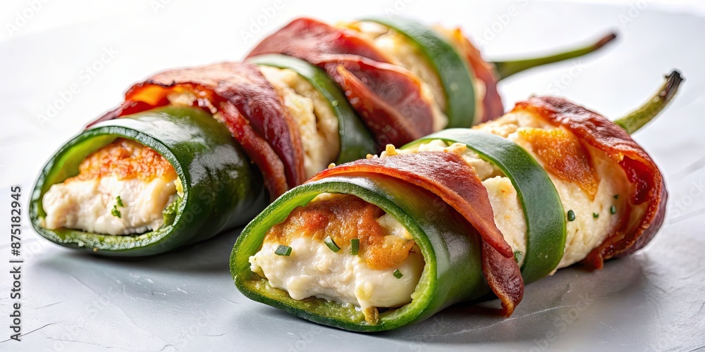 Delicious bacon-wrapped jalapeno popper with creamy cheese filling, food, appetizer, spicy, jalapeno, bacon, cheese, creamy Delicious bacon-wrapped jalapeno popper with creamy cheese filling, food, appetizer, spicy, jalapeno, bacon, cheese, creamy