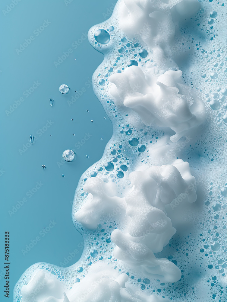 foam on pastel blue background. Bar of soap with bubbles. Flat lay, top view, copy space foam on pastel blue background. Bar of soap with bubbles. Flat lay, top view, copy space