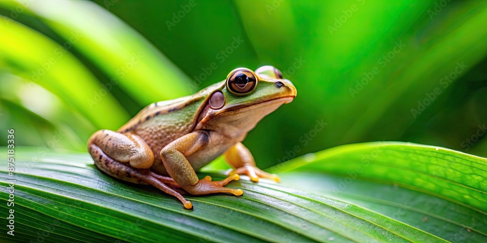 Frog perched on green leaves in a lush natural setting , amphibian, wildlife, nature, environment, tropical, exotic Frog perched on green leaves in a lush natural setting , amphibian, wildlife, nature, environment, tropical, exotic