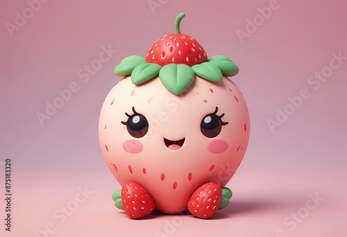 Cute kawaii strawberry 3d render illustration in pastel colors