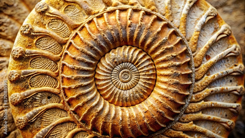 Comic style closeup view of an ancient ammonite fossil, prehistoric, marine, spiral, extinct, shell, ancient Comic style closeup view of an ancient ammonite fossil, prehistoric, marine, spiral, extinct, shell, ancient