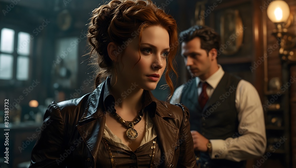 Naklejka premium A scene where a steampunk gadget malfunction leads to unexpected consequences during a high-stakes heist ai_generated