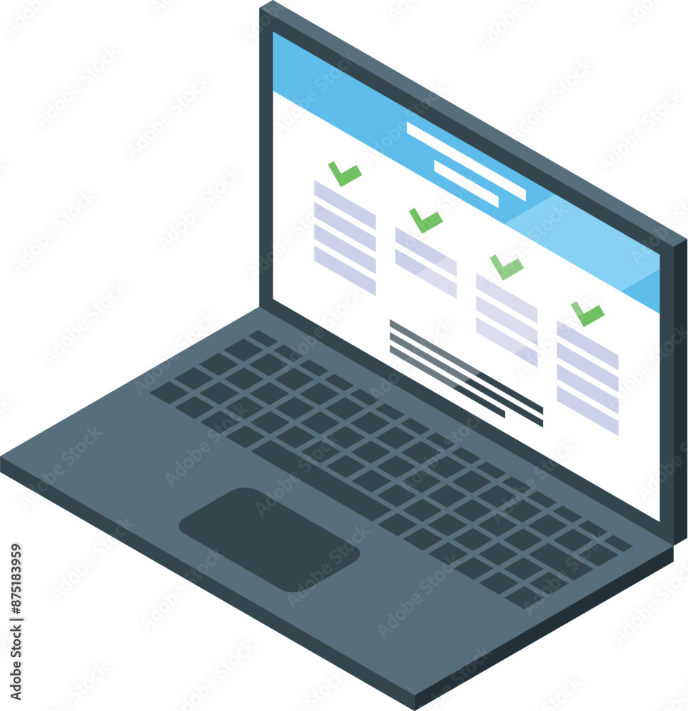 Isometric laptop showing checklist on screen for online survey, exam, or testing app Isometric laptop showing checklist on screen for online survey, exam, or testing app