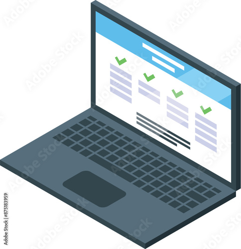 Isometric laptop showing checklist on screen for online survey, exam, or testing app
