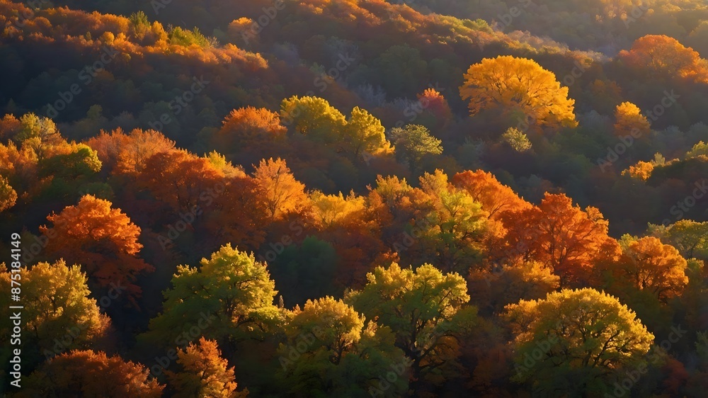 Forest in autumn, Fall, Seasons, Sunrise over forest, Orange, Greens, Nature. Forest in autumn, Fall, Seasons, Sunrise over forest, Orange, Greens, Nature.