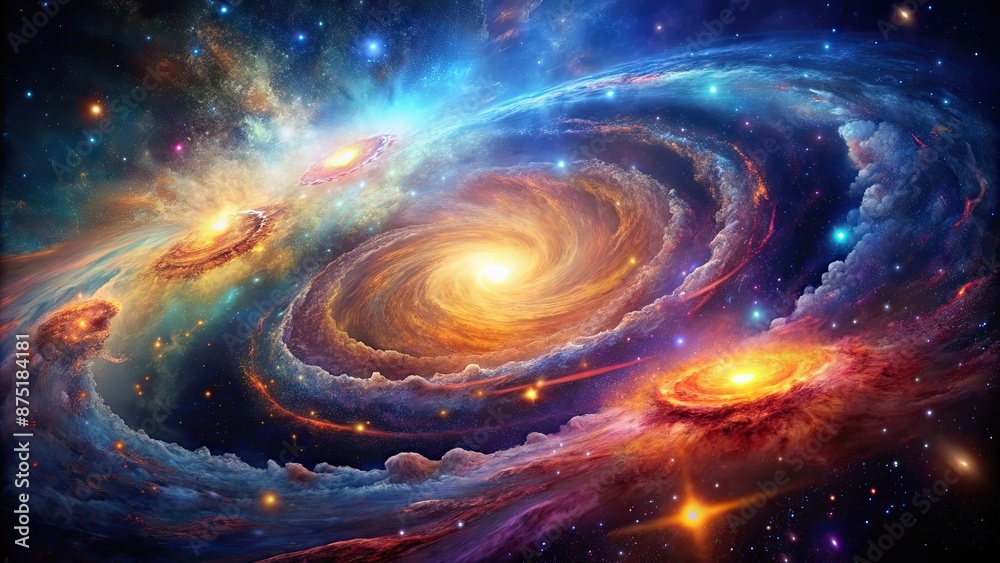Obraz premium Galaxies swirling amidst colorful gas and dust, depicting the birth of a star, galaxies, stars, birth, space