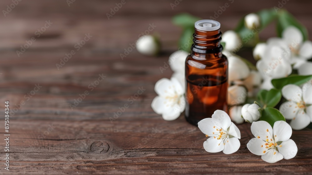 A calming scene displaying an essential oil bottle with white flowers beautifully arranged on a rustic wooden table, encapsulating the essence of serenity and natural wellbeing. A calming scene displaying an essential oil bottle with white flowers beautifully arranged on a rustic wooden table, encapsulating the essence of serenity and natural wellbeing.