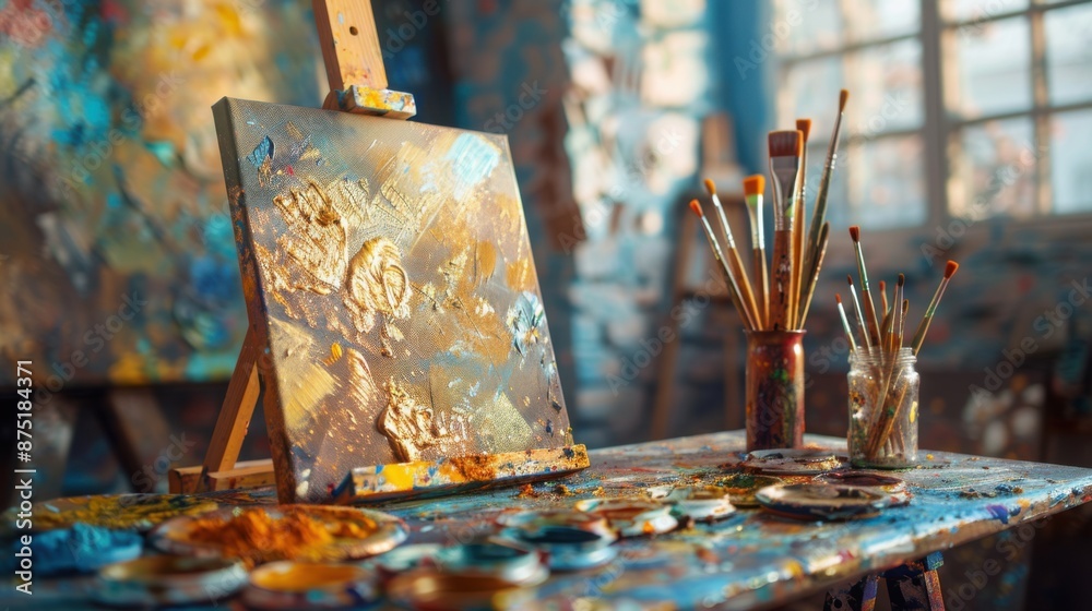 Golden Creativity - Artist's Studio with Vibrant Paint Splashes, Brushes, and Palettes for Artistic Inspiration Golden Creativity - Artist's Studio with Vibrant Paint Splashes, Brushes, and Palettes for Artistic Inspiration