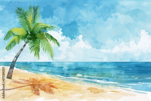Vibrant watercolor painting of a serene beach scene with a palm tree, clear blue sky, and turquoise ocean, capturing the essence of tropical paradise.