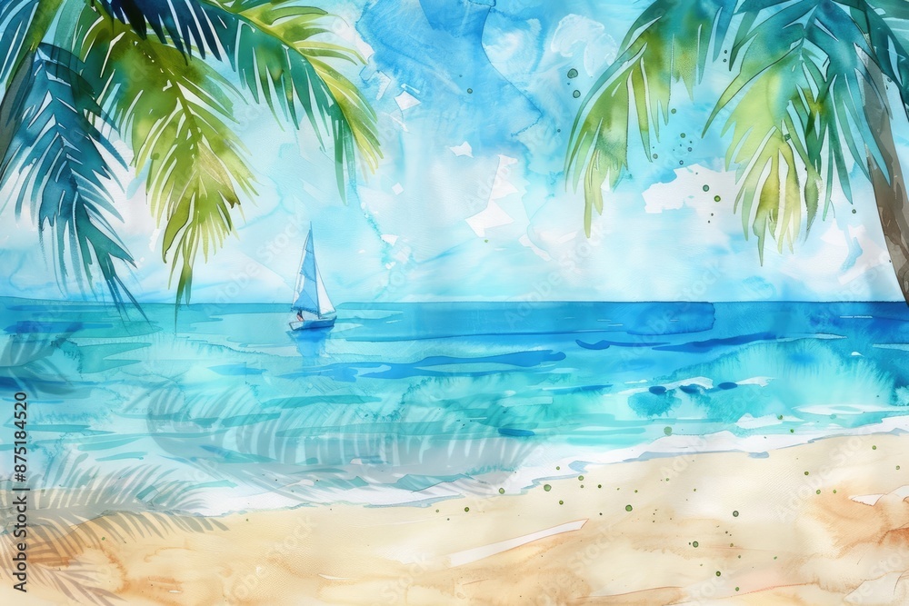 Obraz premium Watercolor painting of a serene tropical beach with palm trees and a sailboat on the ocean under a blue sky.