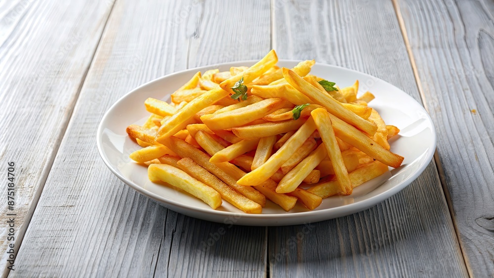 Crispy and golden French fries on a white plate , fast food, fried, snack, potato, salted, appetizer, unhealthy, delicious Crispy and golden French fries on a white plate , fast food, fried, snack, potato, salted, appetizer, unhealthy, delicious
