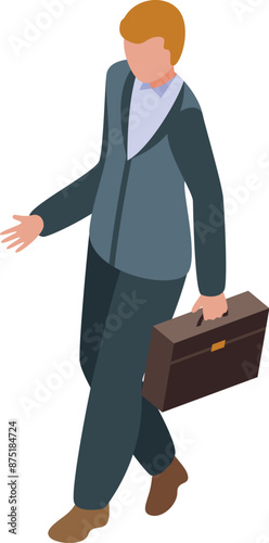 Businessman walking holding briefcase wearing suit isometric 3d icon
