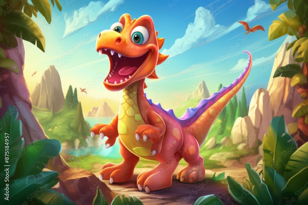 Adorable baby dinosaur standing in a lush prehistoric landscape with vibrant colors Adorable baby dinosaur standing in a lush prehistoric landscape with vibrant colors