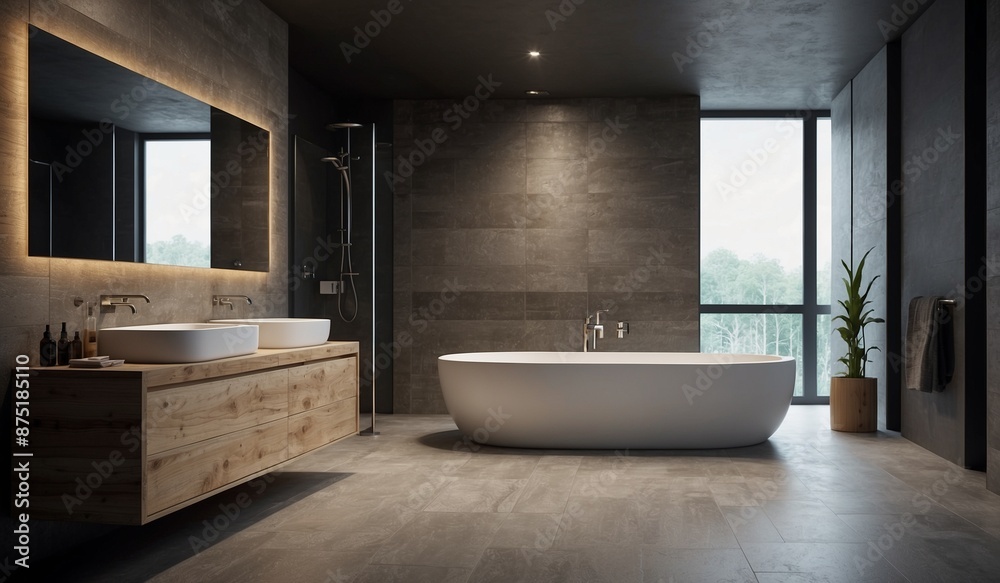 Dark-themed bathroom with wood accents and round mirror Dark-themed bathroom with wood accents and round mirror