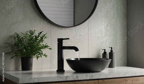 Sleek modern sink with black faucet and greenery