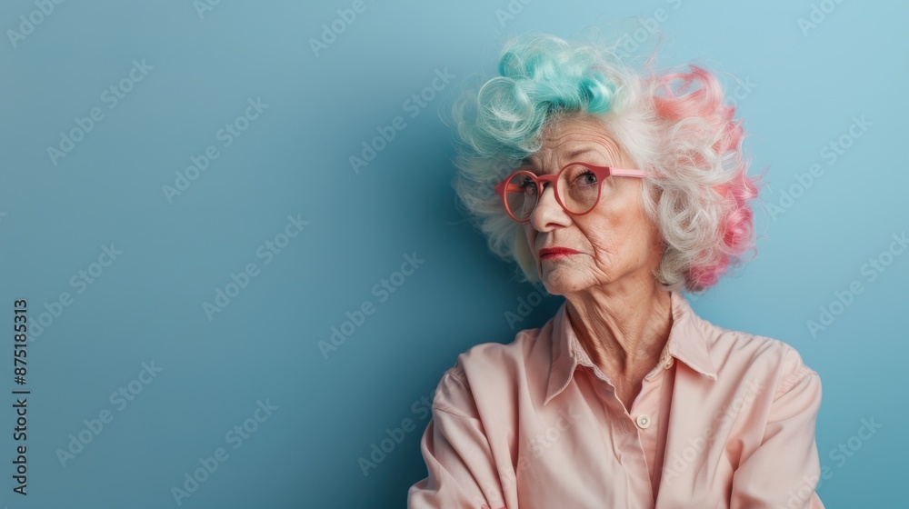 A poised elderly woman with beautifully mixed pink and blue hair, dressed in a stylish outfit, stands against a blue background, exuding confidence and individuality. A poised elderly woman with beautifully mixed pink and blue hair, dressed in a stylish outfit, stands against a blue background, exuding confidence and individuality.