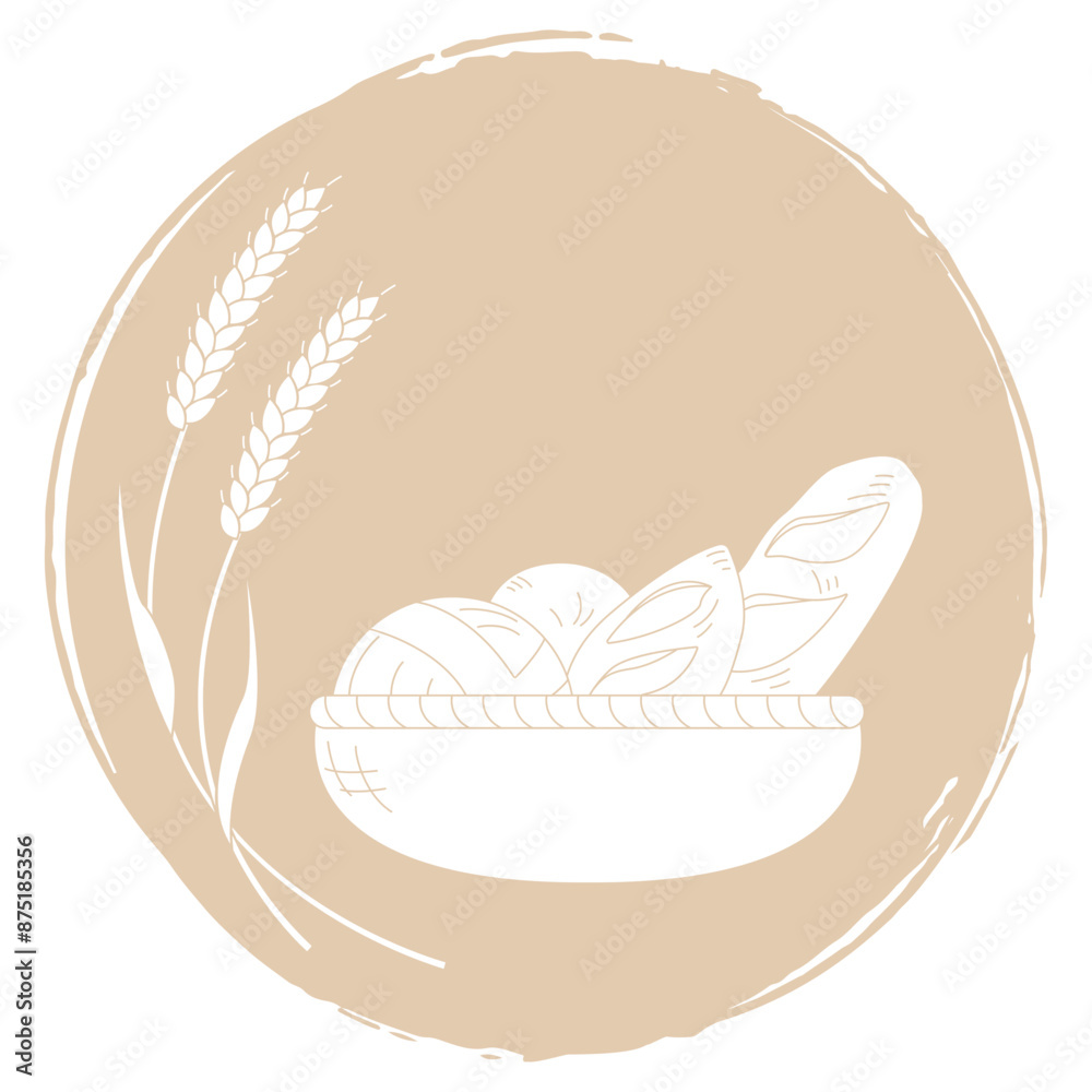 小麦とカゴに入ったパンのシルエット、円形フレームのセット