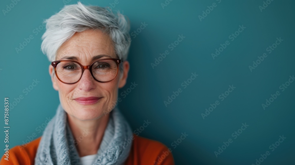 An elegantly aged woman with short gray hair and glasses smiles warmly, standing against a teal wall, exuding sophistication and timeless beauty. An elegantly aged woman with short gray hair and glasses smiles warmly, standing against a teal wall, exuding sophistication and timeless beauty.
