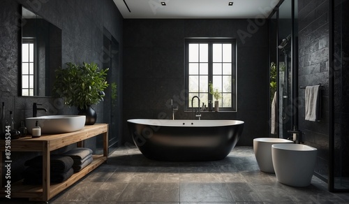 Modern bathroom with black bathtub and sleek wooden counter