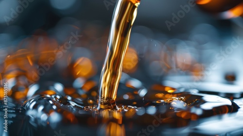 Close-up image of a rich amber liquid being poured, with visually appealing bokeh light effects in the background, evoking a sense of luxury and fluid motion.