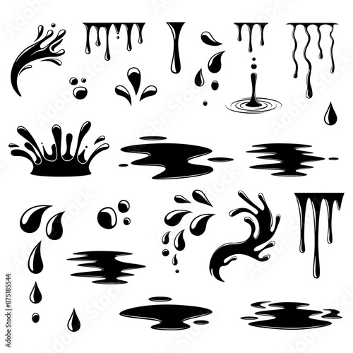Liquid drops. Liquid drops and splash set. Silhouette liquid elements set.