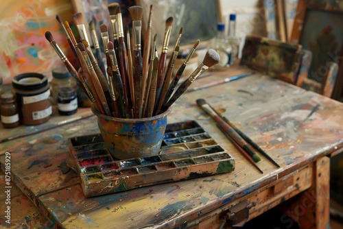 Art workshop table with brushes and tools, close-up view