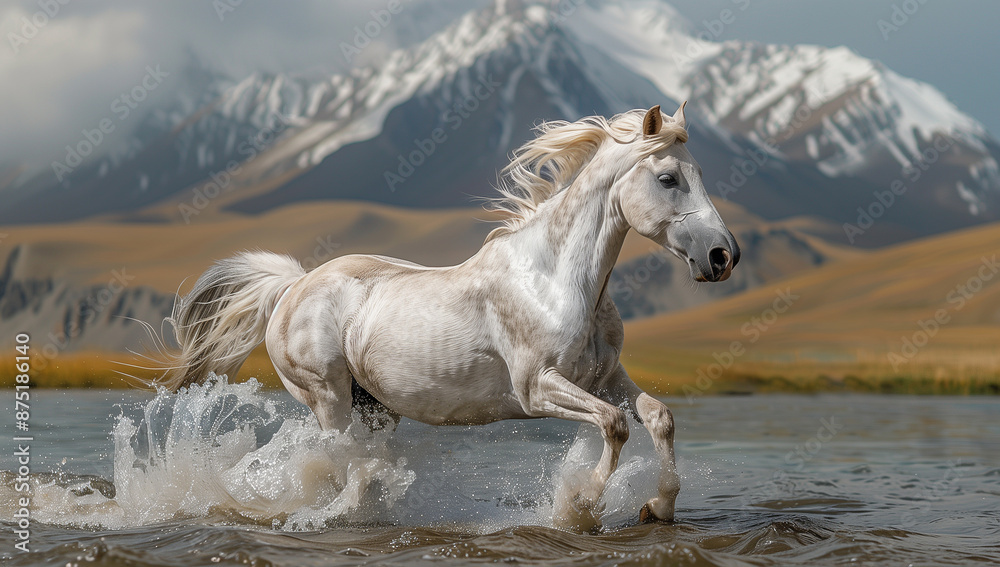 White horse running in lake surrounded by snowy mountains. White horse running in lake surrounded by snowy mountains.