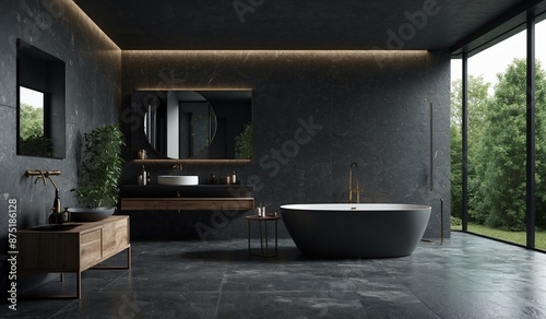 Modern dark-toned bathroom with standalone bathtub