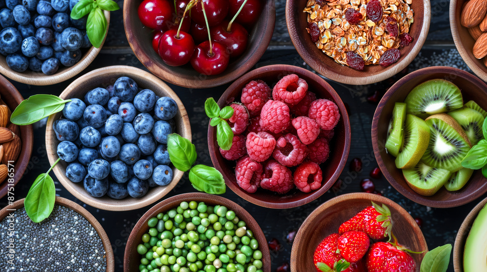 Assorted fresh fruits, berries, nuts, and seeds in wooden bowls on a dark background, top view. Healthy eating and nutrition background. Assorted fresh fruits, berries, nuts, and seeds in wooden bowls on a dark background, top view. Healthy eating and nutrition background.
