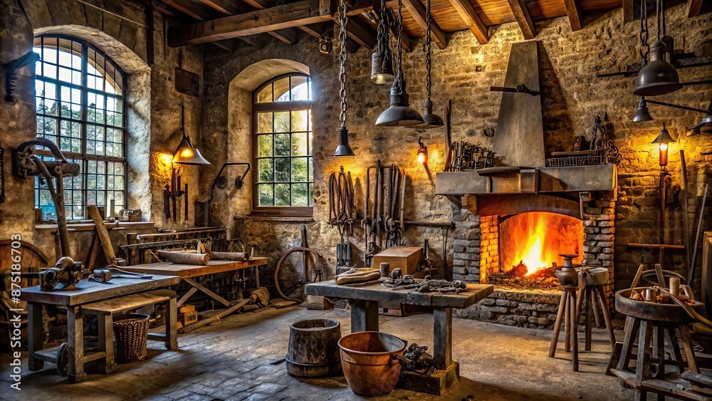 Detailed medieval blacksmith workshop with forged weapons and armor, medieval, blacksmith, workshop, weapons, armor, forging Detailed medieval blacksmith workshop with forged weapons and armor, medieval, blacksmith, workshop, weapons, armor, forging