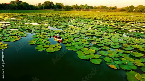 aerial top view of man paddling kayaking in the green leave lotus lake at rayong botanical garden in thailand