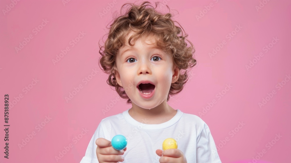 Close-up of a child looking excited, holding a toy, wearing a white shirt, standing in front of a pink background, Portrait close-up, hyper-realistic, high detail, photorealistic, studio lighting, Close-up of a child looking excited, holding a toy, wearing a white shirt, standing in front of a pink background, Portrait close-up, hyper-realistic, high detail, photorealistic, studio lighting,