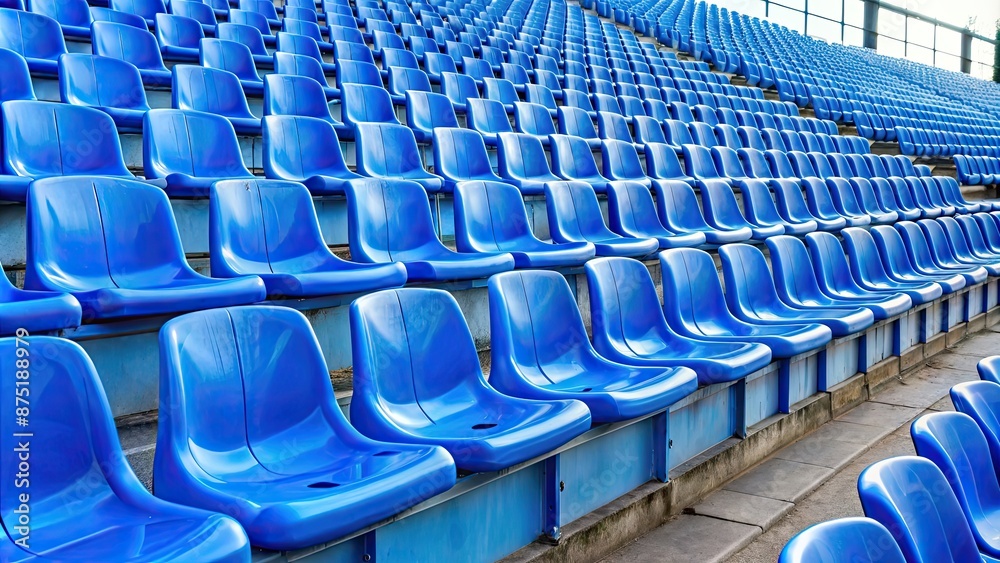 Naklejka premium Empty blue plastic stadium seats , sports venue, stadium, seats, blue, plastic, empty, audience, event, arena, rows, seating