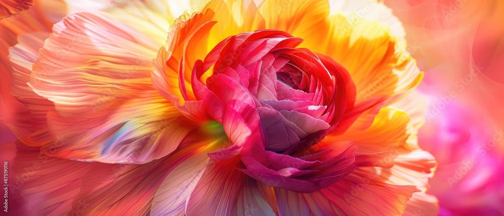Colorful ranunculus in shades of pink and yellow watercolor style with layered petals Colorful ranunculus in shades of pink and yellow watercolor style with layered petals