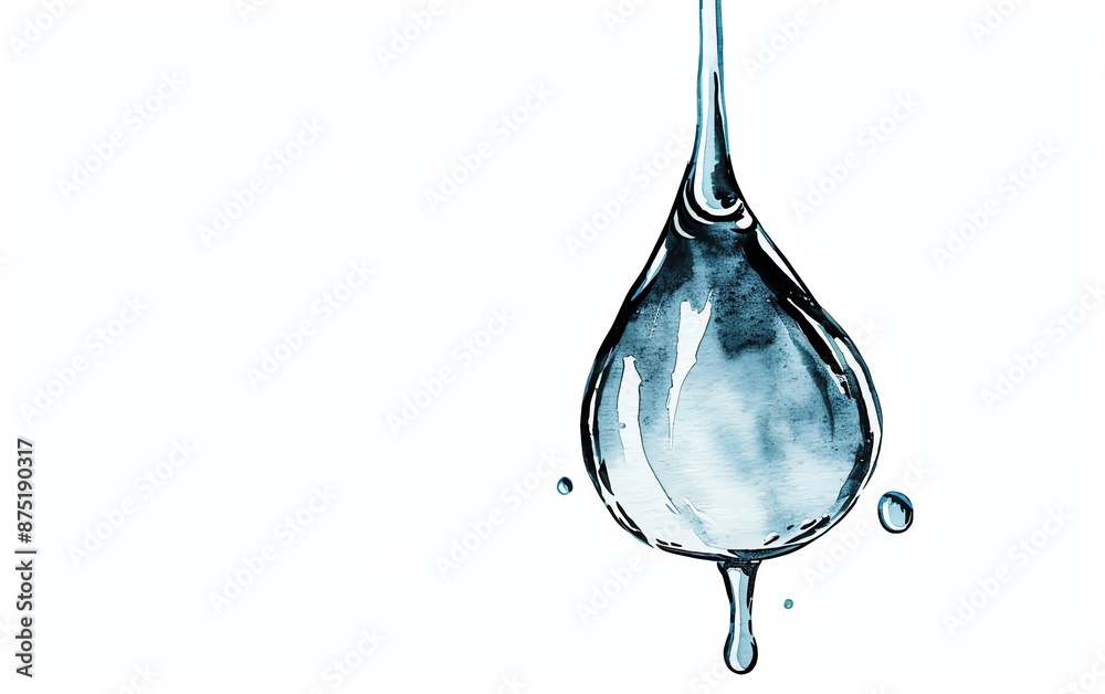 Watercolor illustration of a single raindrop mid-fall, clipart style, isolate on white background, reflecting the refreshing essence of a summer shower, copy space Watercolor illustration of a single raindrop mid-fall, clipart style, isolate on white background, reflecting the refreshing essence of a summer shower, copy space