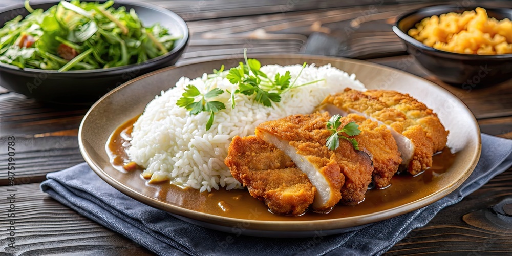 Delicious chicken katsu curry dish served with steamed rice, cabbage, and curry sauce, Japanese, food, cuisine, fried, crispy, breaded Delicious chicken katsu curry dish served with steamed rice, cabbage, and curry sauce, Japanese, food, cuisine, fried, crispy, breaded