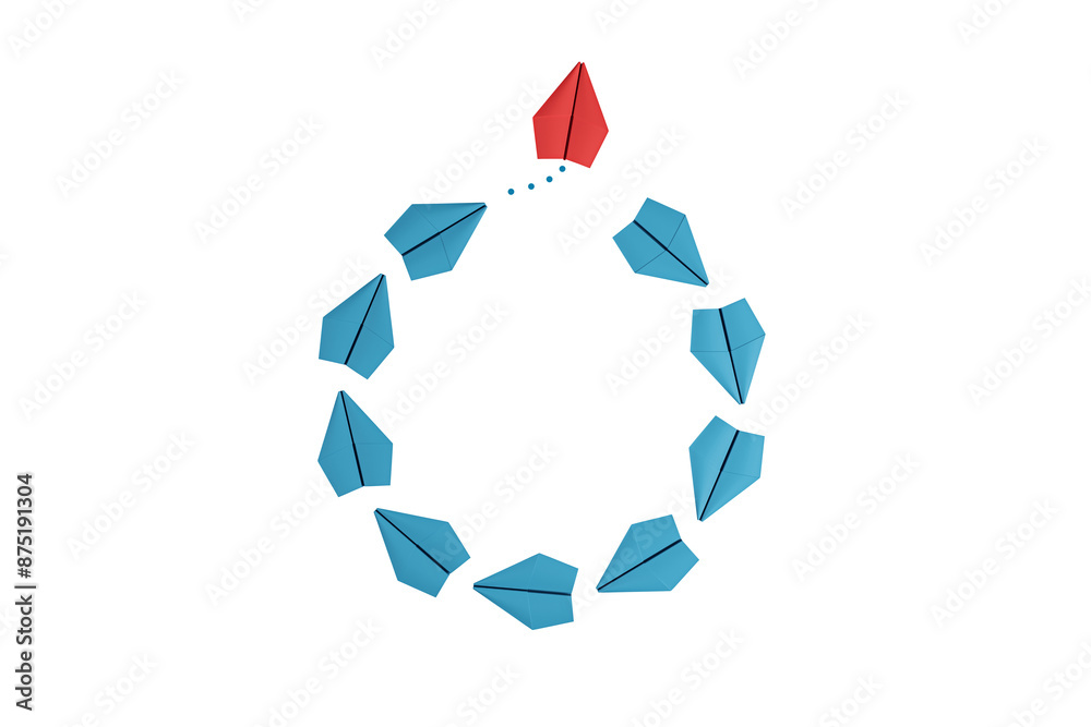 Blue paper planes forming a circular pattern around a red paper plane, on a white background, depicting concept of leadership or uniqueness. 3D Rendering