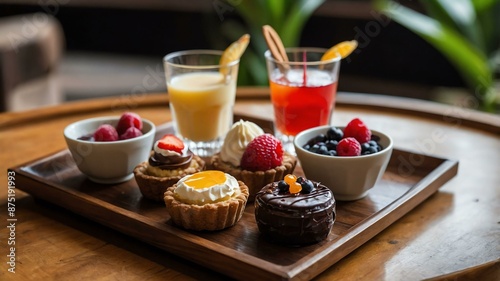 different kind of desserts wuth drinks served aesthethically in a wooden plate and table