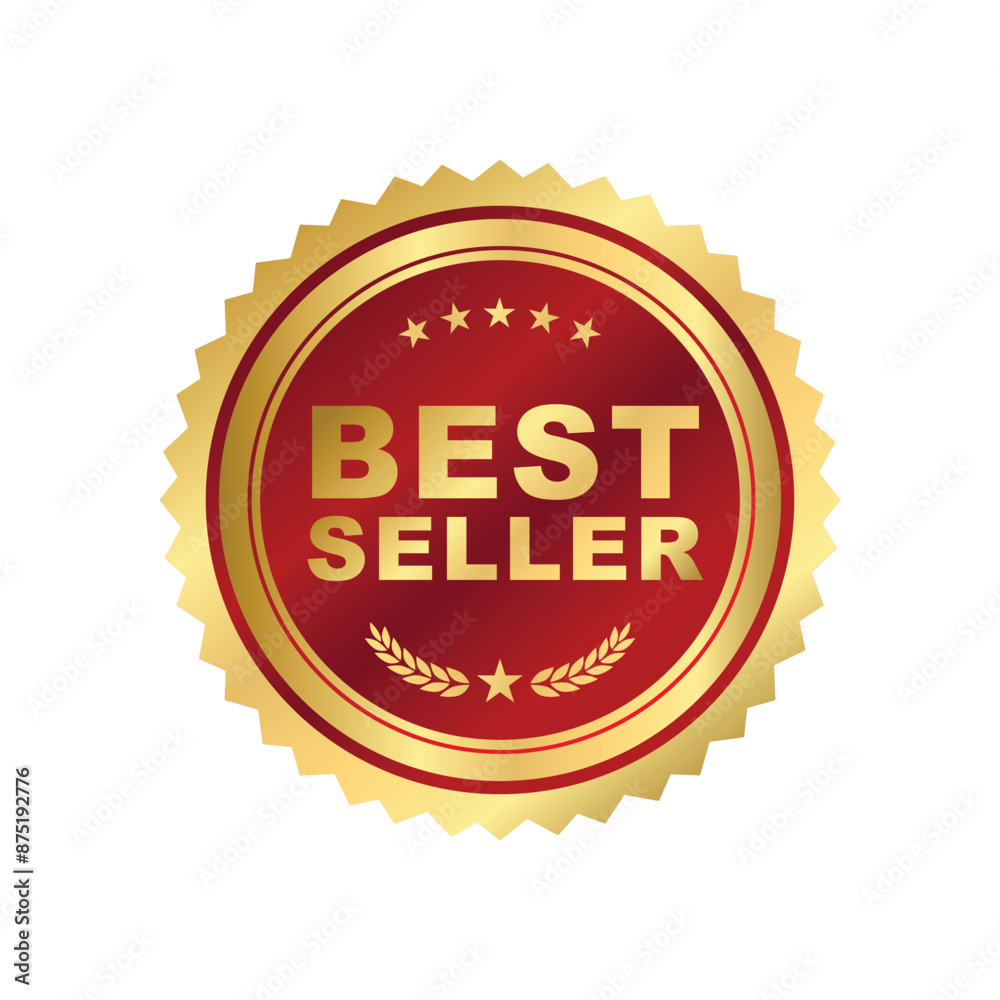 Best seller sticker label ,gold and red badge and red with Stars and laurel wreath Decoration vector isolated Premium Quality text product, book cover label or your product the Best Premium Quality
