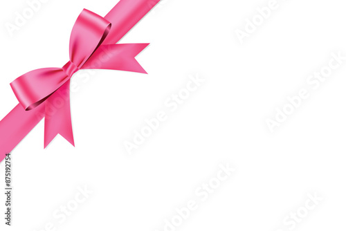 Pink bow realistic shiny satin and place on corner of paper with shadow, for use to decorate your valentine's card, breast cancer charity campaign ,vector EPS10 isolated on white background.