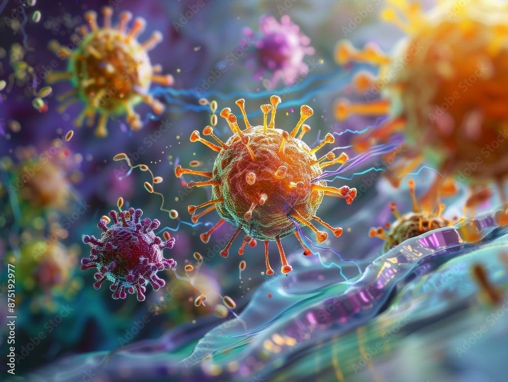 Microscopic View of a Cluster of Colorful Viruses with Vivid Detail and Background Microscopic View of a Cluster of Colorful Viruses with Vivid Detail and Background