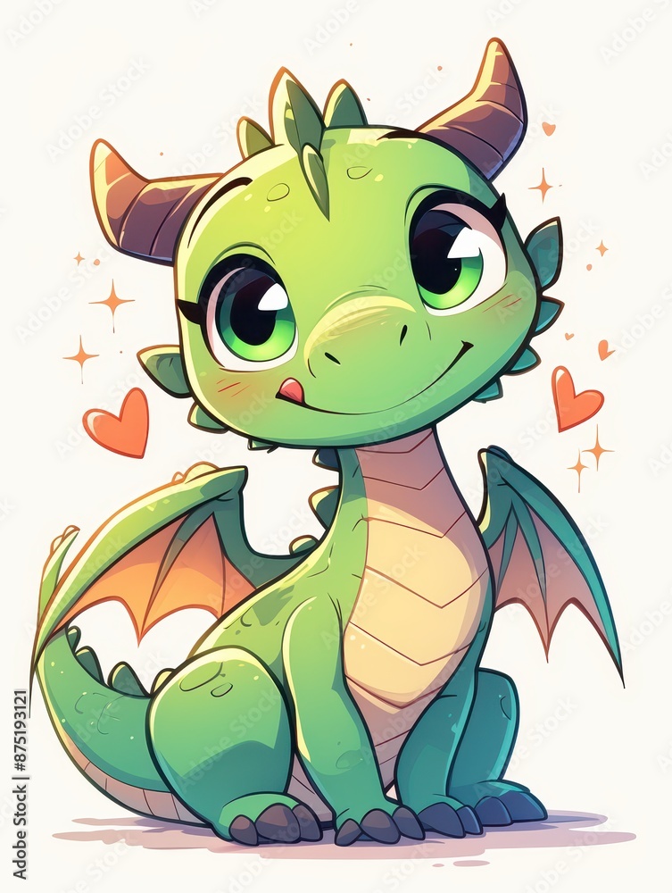 Fototapeta premium Adorable Green Dragon Fantasy Creature with Heart Eyes