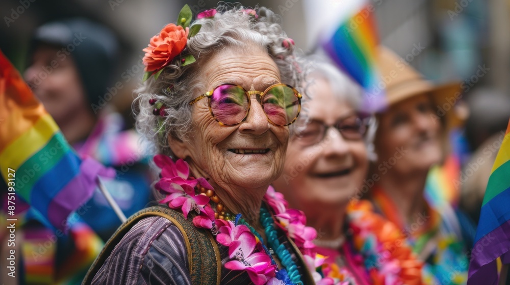 A group of elderly LGBTQ activists march in a pride parade, holding signs and banners with messages of love and equality. Their determination and passion for the cause are evident, inspiring others A group of elderly LGBTQ activists march in a pride parade, holding signs and banners with messages of love and equality. Their determination and passion for the cause are evident, inspiring others