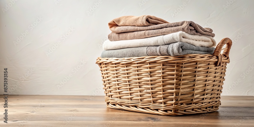 Obraz premium Cozy wicker laundry basket filled with neatly stacked towels , home, laundry, basket, wicker, towels, stacked, cozy, inviting