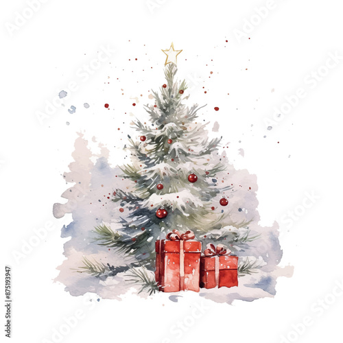 A Christmas tree with a red box on the ground. The tree is surrounded by snow and has a star on top